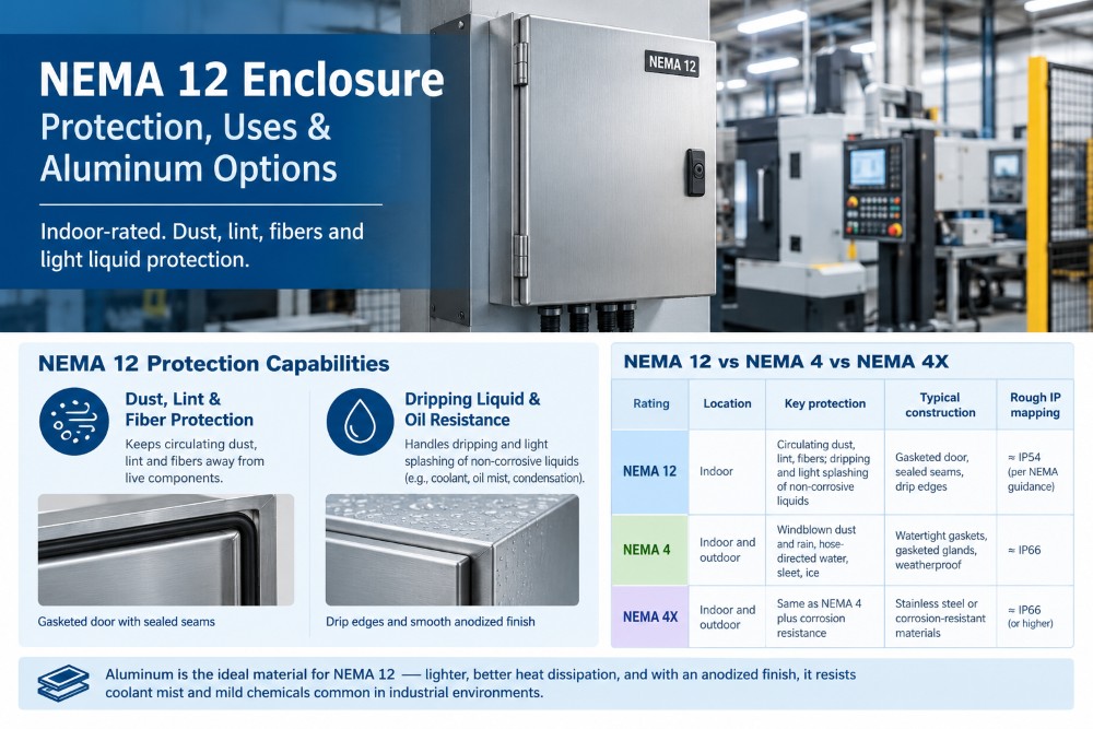 NEMA 12 aluminum enclosure protection capabilities compared with NEMA 4 and NEMA 4X ratings