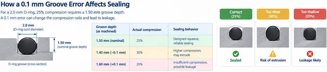 what a 0.1 mm groove error does to 0-ring compression and sealing performance